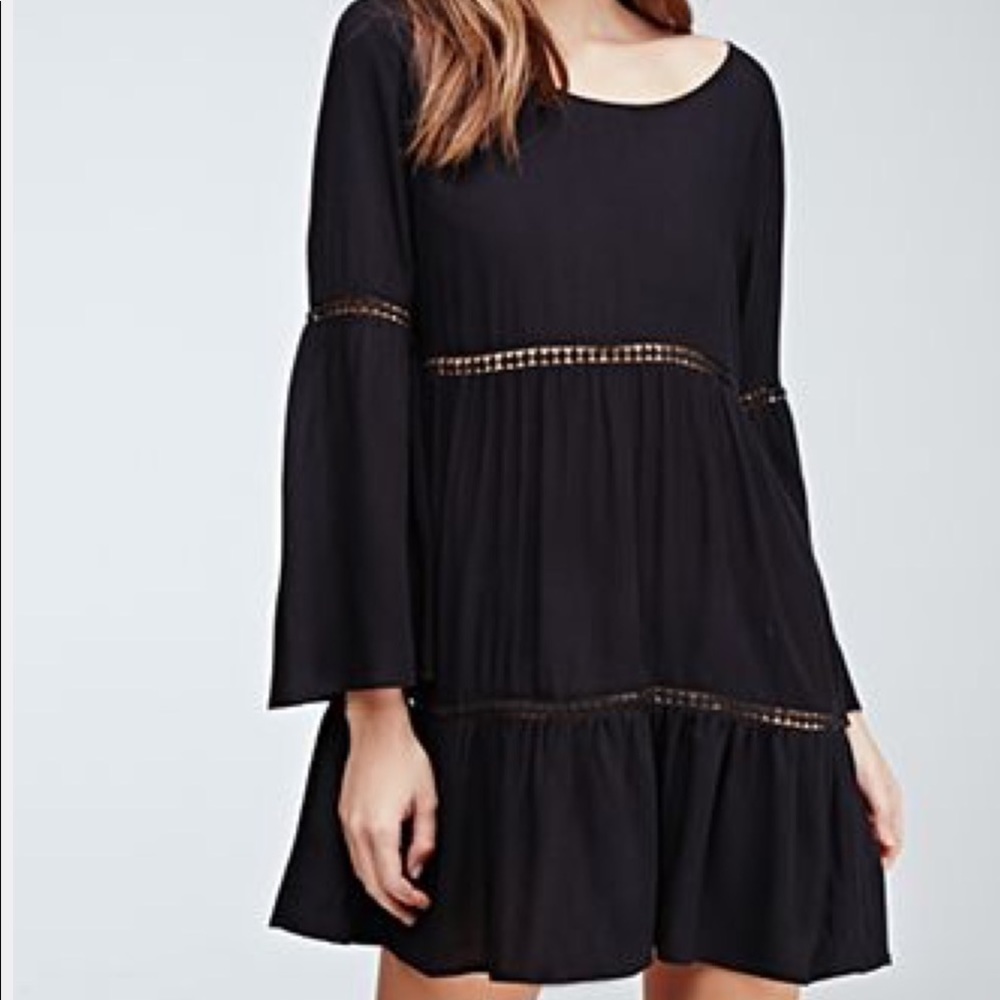 Forever 21 crochet-paneled bell sleeve black dress